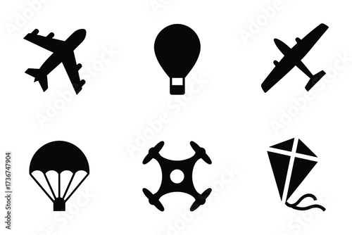 Collection of six air transportation icons aircraft hot air balloon parachute drone kite