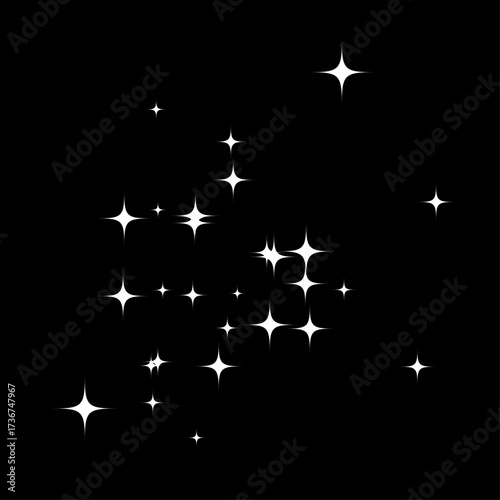 White star halftone pattern. Abstract burst of glowing sparkle shapes on black background. Retro dotted star cluster design for comics, pop art, or decorative effects. Vector illustration.