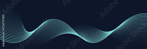 Wave abstract pattern. Flow of blue curved dotted line vector illustration isolated on black background. Dynamic shiny swirl backdrop. Digital, technology, ai, music, modern design element.