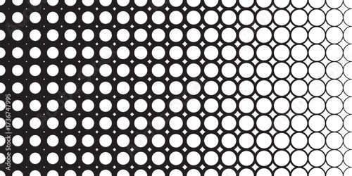Dot circular grid pattern with gradient stroke thickness. Black and white geometric circular shapes layout transitioning from bold to thin lines. Abstract optical vector illustration.