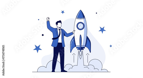 Successful Business Visionary Celebrating Rocket Launch Into The Future