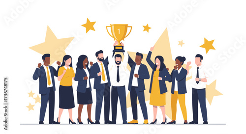 Successful business team celebrating victory with a trophy and jubilant expressions