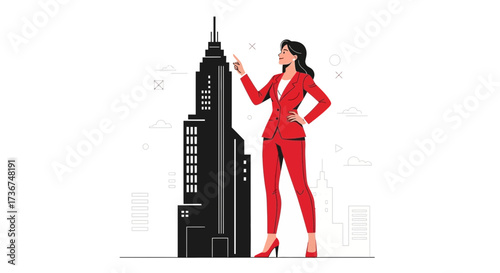 Successful business woman pointing at skyscraper, concept of achievement and vision
