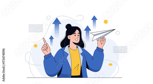 Successful business woman launching a paper airplane with growth arrows pointing up