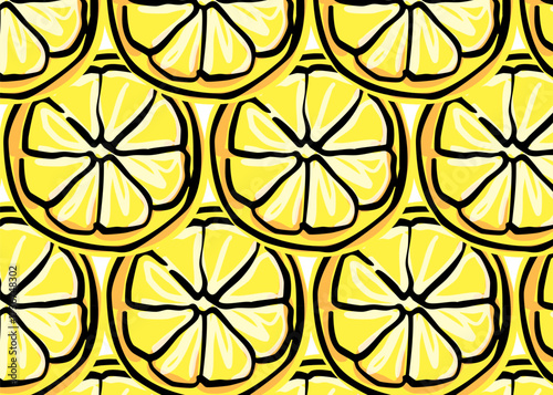 Seamless lemon slices background. Hand drawn doodle style citrus pattern with whole and sliced lemons. Vector illustration perfect for fabric, wrapping paper, kitchen decor