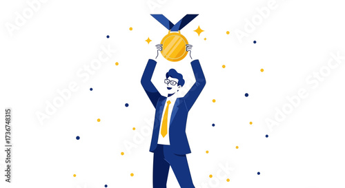 Successful Businessman Celebrates Achievement By Raising Up A Golden Medal Above His Head