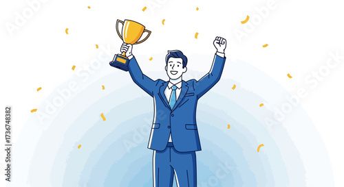 Successful Businessman Celebrating Achievement and Holding a Golden Trophy Cup with Joyful
