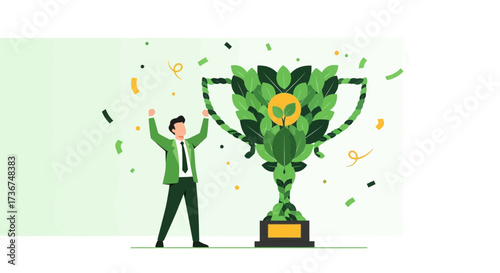 Successful Businessman Celebrates Winning a Trophy, Symbolizing Achievement and Victory