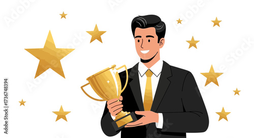 Successful Businessman Celebrating Achievement Winning Trophy Surrounded by Golden Stars