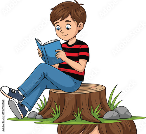 PrintCartoon young reader sitting on tree stump, wearing striped shirt and jeans, reading book outdoors, vector illustration for education and leisure themes