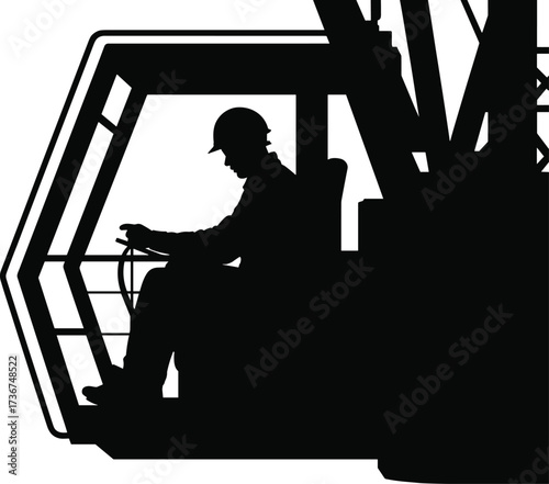 Silhouette of crane operator inside cabin, construction worker controlling heavy machinery, building site equipment operation, industrial project engineering, construction labor illustration