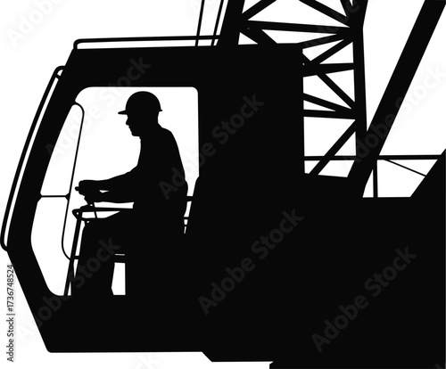 Silhouette of construction worker operating crane inside cabin, heavy machinery operator, construction site labor, engineering work, building project equipment operation