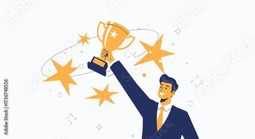 Successful Businessman Celebrating Victory and Holding a Trophy with Golden Stars Around