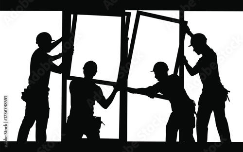 Silhouettes of four construction workers installing large window frames, glazing teamwork, building installation labor, construction site collaboration, architectural project effort