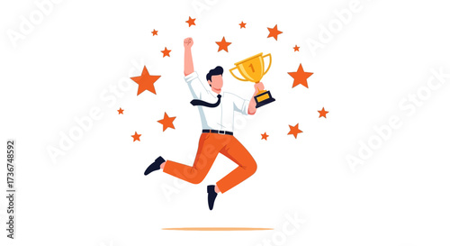 Successful Businessman Celebrating Victory With A Golden Trophy, Joyful And Proud