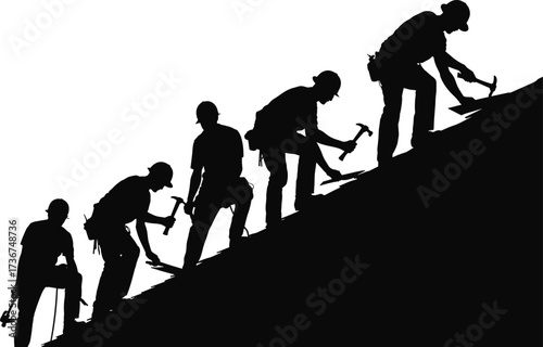 Silhouettes of roof construction workers using hammers, roofing teamwork on sloped roof, building maintenance, construction labor, house repair, teamwork effort, skilled roofing illustration