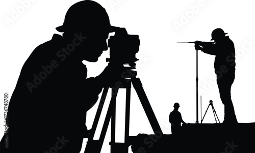 Silhouettes of land surveyors using tripods and measuring instruments, construction site surveying, engineering fieldwork, mapping, measurement tools, geodetic work
