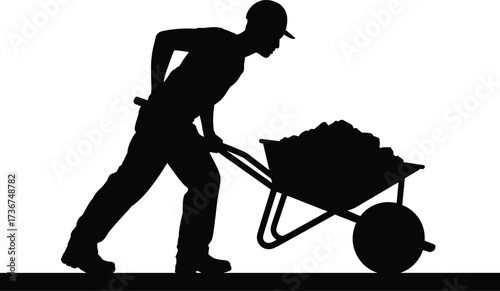 Silhouette of construction worker pushing wheelbarrow with materials, labor transport, building site work, heavy load carrying, construction effort, manual work, industrial labor illustration