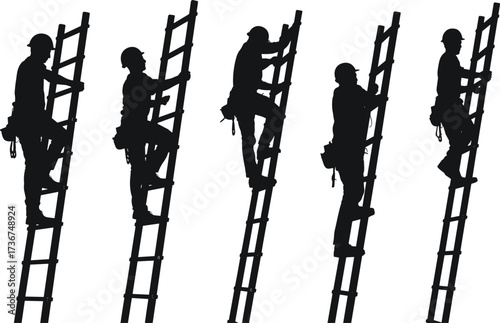 Silhouettes of construction workers climbing ladders, elevation work, construction safety, high-rise building tasks, scaffolding climb, site hazard, risk management, industrial safety