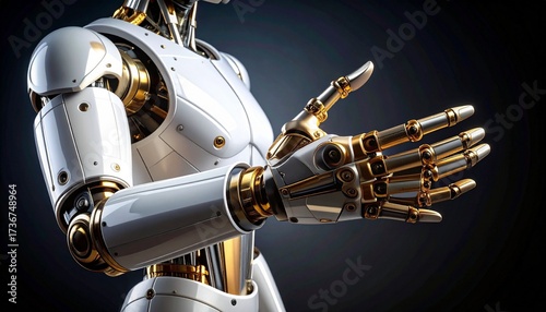 Realistic humanoid robot with white shell and gold-silver joints, arms extended in interactive gesture