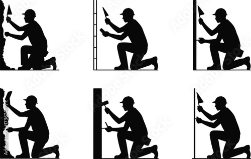 Silhouettes of construction workers plastering and bricklaying with trowels, masonry labor, wall building, skilled construction work, site plastering, repair and finishing illustration