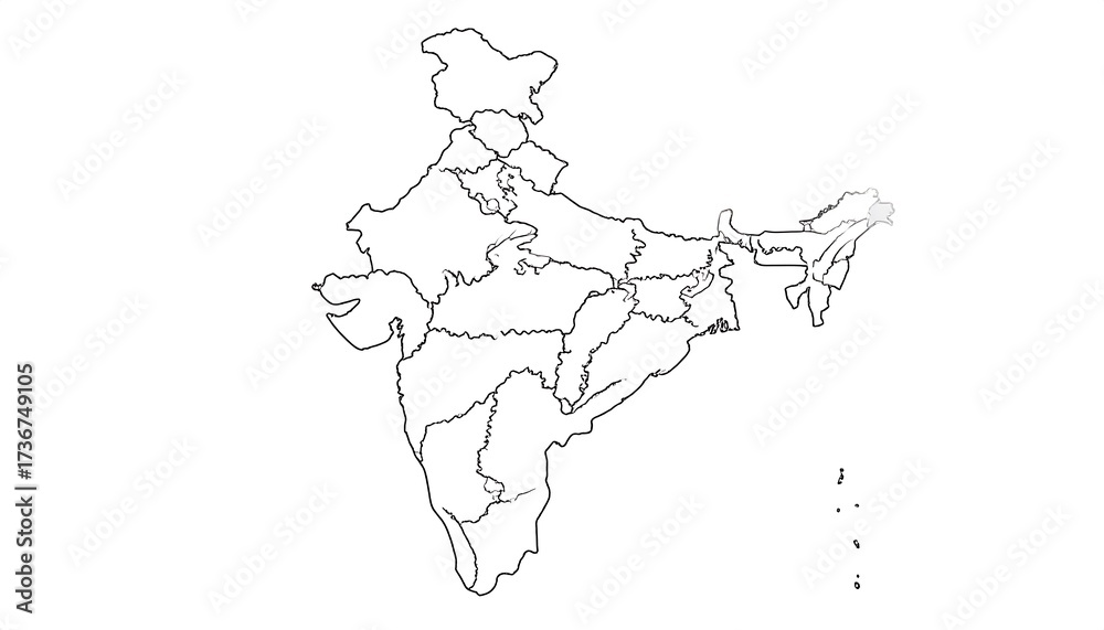 Fototapeta premium A detailed outline map of India, highlighting its diverse regions and landforms.
