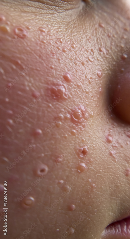 Fototapeta premium Close up of a boy with skin inflammation on his cheek. Childhood skin disease concept. Problematic skin condition.