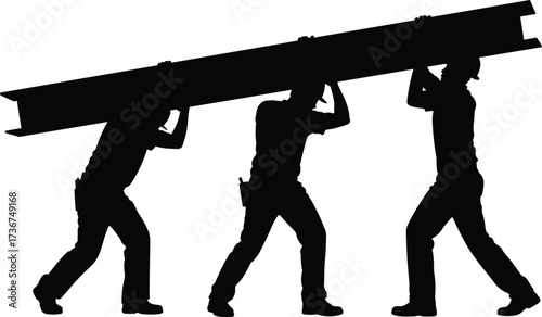 Silhouette construction workers carrying steel beam, teamwork silhouettes, heavy lifting labor, industrial construction, strength, cooperation, workers unity, building site teamwork illustration