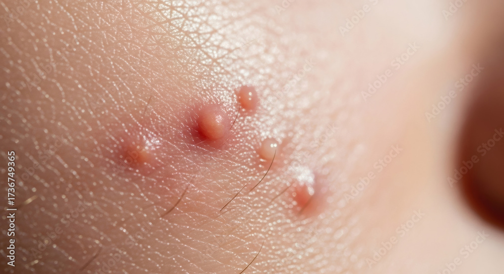 Fototapeta premium Closeup of a caucasian man's skin with inflamed pimple acne and small hair follicle, dermatitis concept for dermatology medicine.