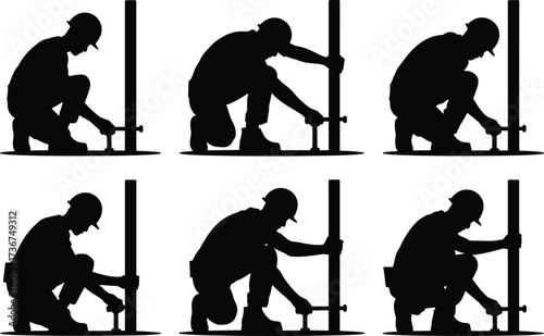Silhouette construction workers kneeling and fastening scaffolding poles, teamwork building structure, repair silhouettes, construction industry labor safety, maintenance and engineering illustration