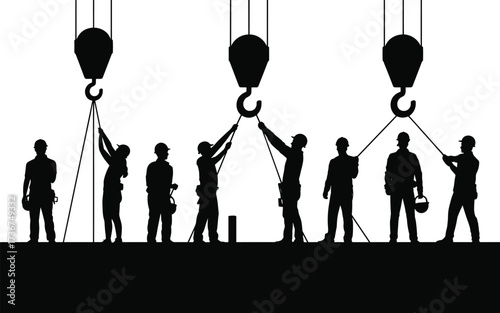 Silhouette construction workers with cranes and hooks, teamwork at building site, heavy lifting labor, construction industry silhouettes, repair and maintenance safety illustration