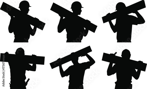 Silhouette construction workers carrying wooden planks on shoulders, building site teamwork, heavy material handling labor, repair silhouettes, industrial construction repair