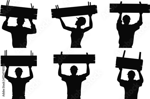 Silhouette construction workers lifting wooden planks overhead, heavy labor strength, building teamwork, repair work silhouettes, construction industry repair