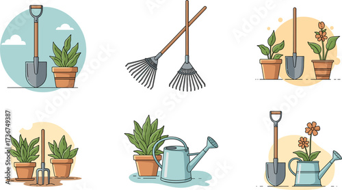 Gardening tools with plants, shovel, rake, watering can, flower pots, agriculture, outdoor garden vector illustration design