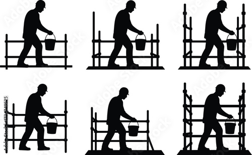 Silhouette construction workers on scaffolding carrying buckets, building repair teamwork, construction site maintenance, labor safety silhouettes, industrial workers repair