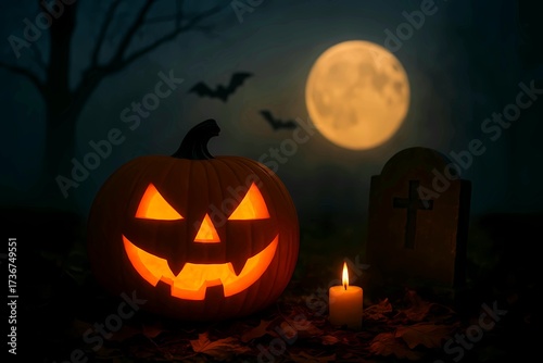 Halloween night with a glowing jack-o'-lantern, candle, tombstone, full moon, and bats in a misty forest. Spooky and atmospheric holiday scene.
