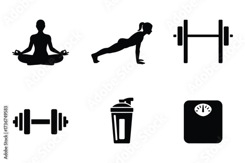 Fitness icons collection silhouette symbols for yoga workout gym weightlifting healthy lifestyle