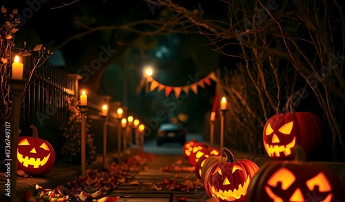 Halloween pathway decorated with glowing pumpkins, warm candlelight, autumn leaves on the ground, cozy yet spooky night atmosphere.