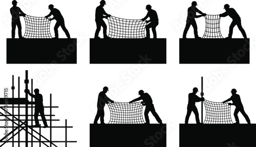 Silhouette construction workers installing safety net, scaffolding teamwork, fall protection on building site, workplace safety equipment, laborers teamwork silhouettes