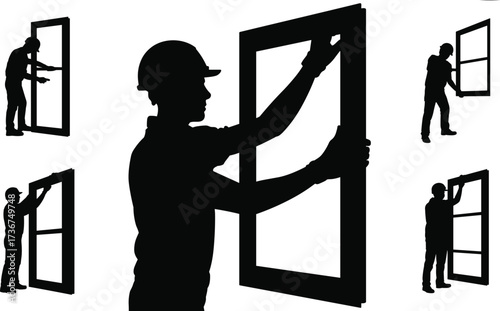 Silhouette construction worker installing window frame, glass fitting labor, renovation repair on building site, construction industry illustration, worker silhouettes with safety helmet