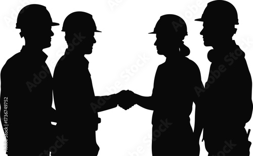 Silhouette construction workers handshake, teamwork partnership on site, contractor agreement deal, group of builders in helmets, collaboration in construction industry, worker silhouettes team