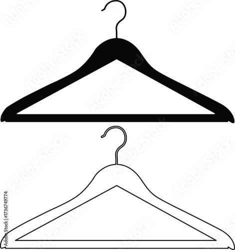 Two wooden clothes hangers shown as a black silhouette and a white outline isolated on white background
