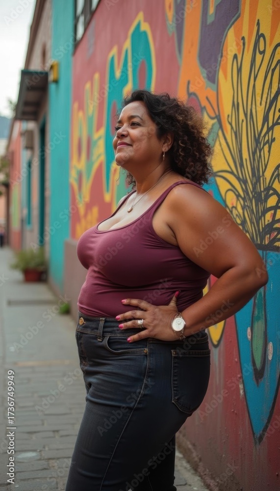 Naklejka premium Confident woman standing in front of colorful graffiti wall on urban street, wearing casual outfit and smiling