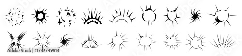 Radial explosion silhouette, bursting round explosions, black cloud silhouette, explosive bomb effect, power burst, dust explosion, bomb explosion effect, isolated graphic vector symbols.	
