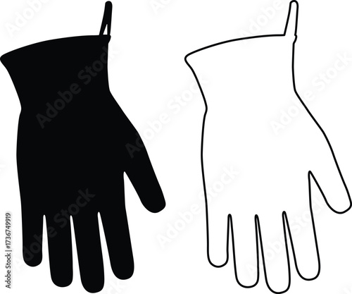 Black silhouette and white outline of a glove isolated on white background