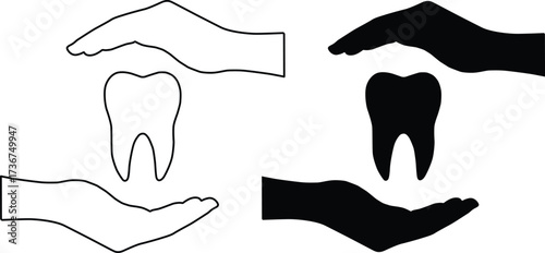 Two pairs of hands cradling a tooth in outline and silhouette isolated on white background