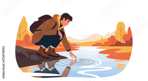 Man touching water in a beautiful autumn landscape perfect for nature lovers