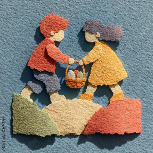 Children exchanging Easter basket while walking on colorful landscape  