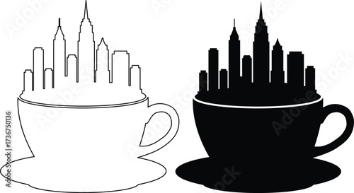 Two coffee cups with city skyline silhouette inside isolated on white background