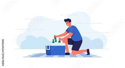 Man Unpacking Beverages From Cooler, Weekend Chill, Picnic, Drinks, Fun, Relaxation Scene